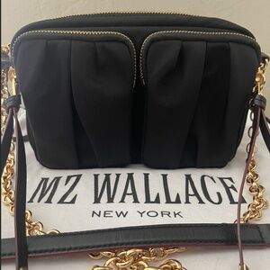 MZ Wallace Crossbody- Penny in Black Nylon with Gold Chainlink Strap